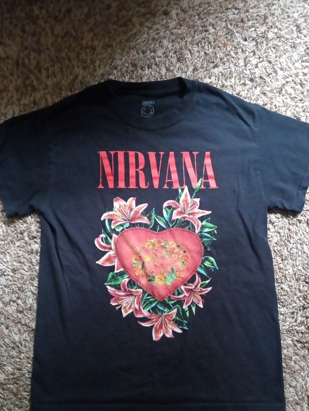 NIRVANA Black Tee with Red Heart and Pink Floral Art